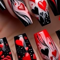 Uñas postizas largas tipo coffin con corazones rojos y diseño artístico gótico negro - Estilo con Pegamento (Y-394)