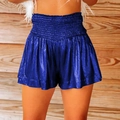 Detail of high waisted metallic blue shorts with elastic waistband and pleated texture - S / Bottoms / Metallic Navy Blue Black