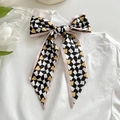 Bow-shaped satin scarf featuring checkerboard pattern with yellow hearts for hair or bags - Khaki Border Yellow Heart