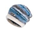 Winter striped knit beanie in blue, gray, and white mohair with warm fleece cuff - Green Grey (6067-Green Grey)
