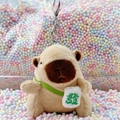 Brown plush Capybara keychain with a small white bag featuring green Fa embroidery - Light Brown Green Fortune + Silver Clip