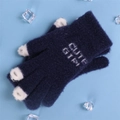 Winter navy blue knitted touchscreen gloves for women with white CUTE GIRL embroidery - Navy Blue