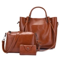 3-piece vintage brown faux leather bag set with tote, crossbody bag and small wallet - Dark Brown