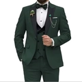 Dark green slim fit three-piece suit with black peak lapels and matching bow tie - Dark Green