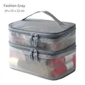 Double-layer gray mesh cosmetic bag with carry handle and zipper for makeup storage - Gray
