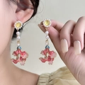 Retro beaded earrings with pink enamel flower and white pearl chain tassels - Flower Pearl Long Tassel(E5684-4)