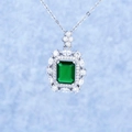 Luxury princess square emerald pendant necklace with halo diamond pave in silver setting - Simulated Emerald Pendant [Without Chain]