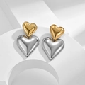 Minimalist heart-shaped dangle earrings in gold and silver finish on white background - [XKE0399] Two Tone Heart Earrings (Gold & Steel)