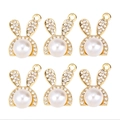 Golden bunny pendants with pearl and zircon inlay, 6-piece set for jewelry making - Cute Rabbit Pearl Rhinestone (px1086-42)