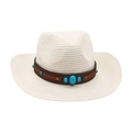 Chapeau de cowboy blanc en paille avec perles turquoise et sangle en cuir brun - Blanc