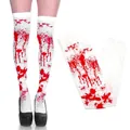 Close-up of Halloween over-knee socks featuring realistic red blood splatter on white fabric - Bloody Over-Knee Socks