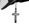 Detailed close-up of double-layer vintage metal cross pendant hanging on a rearview mirror - Black Double Layer Cross Car Hanging