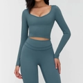 Women's brushed V-neck yoga long sleeve top and leggings set in dusty blue color - S / Universe Blue