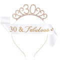 Rose gold 30th birthday tiara and white 30 & Fabulous sash set for women's party - 30th Birthday Rose Gold Tiara White Sash