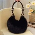Faux fur black handbag with beaded handle and flower accents on ivory seat - Black