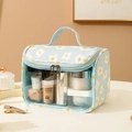 Light blue floral makeup bag with transparent window and sturdy top handle - Flip-top Style / Blue Daisy