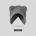 Winter knitted bear ear hat in dark gray with thick warm fleece lining for women - Bear Ear Plush Beanie (Gray/No Tie) / Gray