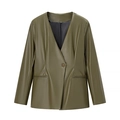 British style army green faux leather V-neck jacket with slim waist and pocket detail - S / Olive Green