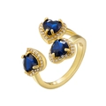 Anello regolabile placcato oro 18K con tre pietre blu a cuore e contorno di diamanti - Placcato Oro Zirconia Blu
