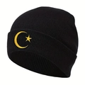 Knit beanie with yellow moon and star embroidery on black ribbed cuff winter hat - One Size / Black with Yellow Logo
