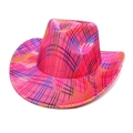 Close-up of pink metallic western cowboy hat with colorful grid pattern for festival parties - Rose Red / M(56-58cm)