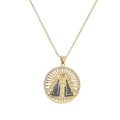 Minimalist gold cross necklace with zircon-set religious pendant and blue center stone - Round Virgin Pendant - Blue Zircon