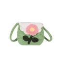 Kids crochet crossbody bag with green body and pink flower decor on white cloud flap - Green