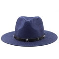 Sombrero de vaquero de paja azul oscuro de ala ancha con banda de cuero y remaches estrella - M (56-58cm) / Azul marino