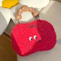 Red plush handbag with cute cartoon embroidery and brown lettering handles - Tomato Style (Red)
