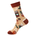Khaki mid-calf socks with vintage coffee prints, brown trim and coffee cup patterns - 1142-Coffee