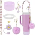 Lavender flower accessory set for Stanley tumbler with silicone base and floral charms - Purple