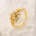 Anello a foglia placcato oro 18K con zirconi e design aperto regolabile per donna - Stile a strati di foglie naturali