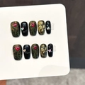 Handmade black press-on nails with gold shimmer, red rose art and 3D butterfly accents - Extra Small (XS) / Ink Gold Butterfly