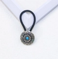 Western style turquoise hair tie featuring a silver engraved pumpkin flower and blue gem - Flower-Blue