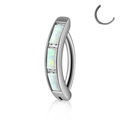Silver stainless steel curved belly ring with three rectangular white opal stones - Style 3-Opal OP17