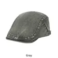 Vintage dark gray washed cotton flat cap with side metal buckle and contrast stitching - One Size (54-58CM) / Gray