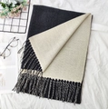 Double-sided dark grey and beige cashmere-like scarf with fringed edges - 9# Black