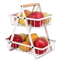 Double tier white metal fruit basket with wooden handle for kitchen snack storage - Double Layer White