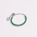 Close-up of adjustable silver bracelet with green zircon stones and heart charm - Adjustable Open / Green Zircon - Platinum Silver