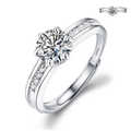 Classic silver S925 sterling silver ring with six-prong Moissanite and side pavé diamonds - Adjustable Open / Charming Ring 1ct