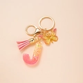 Letter J keychain with pink tassel, gradient butterfly and glitter resin charm - Letter J