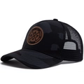 Black camouflage mesh trucker hat with Enjoy Life round patch and breathable net back - Black Camouflage