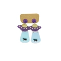 Quirky purple glitter UFO and blue acrylic cow pendant earrings with golden studs - Purple Glitter UFO Abducting Cow Style(2C69)