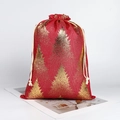 Red linen-textured Christmas gift bag with gold glitter tree patterns and drawstring - 20*30cm / Red Christmas Tree
