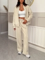Women's casual beige two-piece lounge set with zip jacket and wide-leg trousers - S / Khaki