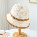 Beige crochet bucket hat with contrasting brown stripes on a wooden hat stand - M(56-58cm) / Contrast Stripe (5640) / Beige