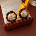 Vintage style tortoiseshell resin stud earrings with silver hammered metal center - 51# Silver Earring Post - Gold - Coffee