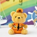 Close-up of a plush teddy bear in an orange traffic police uniform with black tie - 14cm (Gold Lobster Clasp) / Firefighter Style