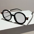 Retro-Rundbrille mit schwarz-weiß-braunem Kontrastrahmen und dekorativen Bügelperlen - Schwarzer Rahmen Hellgraue Linsen Schwarzes Bein