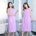 Purple microfiber wearable bath towel robe with daisy pocket shown on model in bathroom - Light Purple